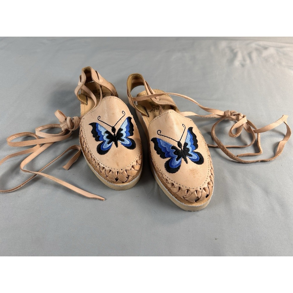 Vintage Mexican Huarache Leather Sandals Blue Butterfly Lace Up Women's sz 7